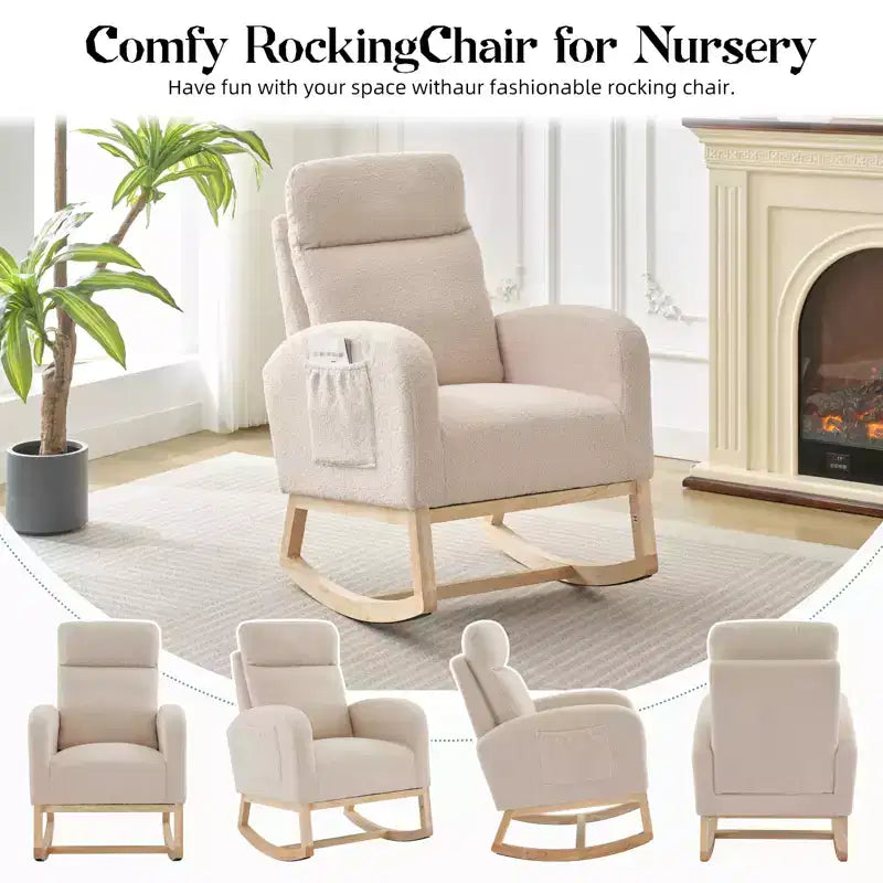 Mecedora tapizada COZONY con respaldo alto y patas de madera, cómoda mecedora de acento para guardería con bolsillo lateral para sala de estar