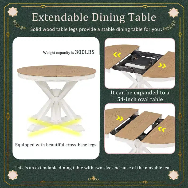 Mesa de comedor extensible retro Okak de 54 pulgadas, mesa plegable con hoja de 12 pulgadas, mesa redonda para comedor, sala de estar, cocina