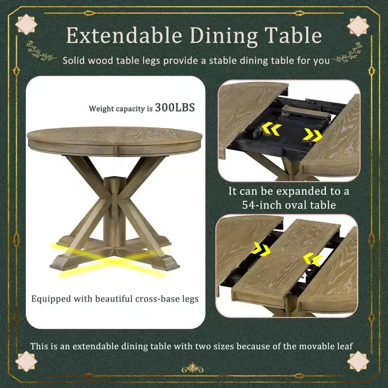 Mesa de comedor extensible retro Okak de 54 pulgadas, mesa plegable con hoja de 12 pulgadas, mesa redonda para comedor, sala de estar, cocina
