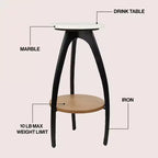 Mesa para bebidas Jonathan Y Ollie 24.5 tipo trípode de metal de diseño y mesa auxiliar decorativa con tapa redonda de mármol blanco y estante inferior de madera