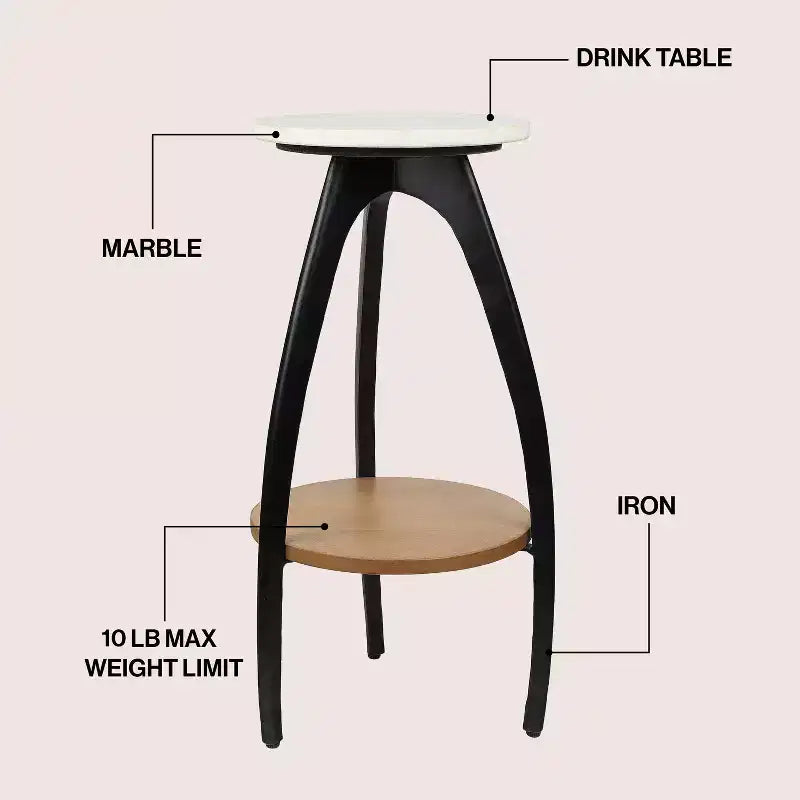 Mesa para bebidas Jonathan Y Ollie 24.5 tipo trípode de metal de diseño y mesa auxiliar decorativa con tapa redonda de mármol blanco y estante inferior de madera