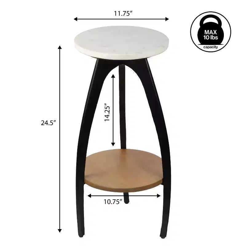 Mesa para bebidas Jonathan Y Ollie 24.5 tipo trípode de metal de diseño y mesa auxiliar decorativa con tapa redonda de mármol blanco y estante inferior de madera