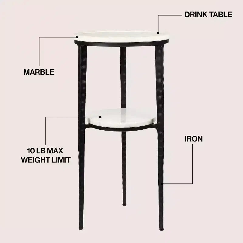 JONATHAN Y Seraphina 24.75 Mesa auxiliar decorativa y mesa de bebidas industrial de 2 niveles con estructura metálica y superficie redonda de mármol blanco