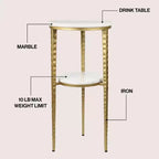 JONATHAN Y Seraphina 24.75 Mesa auxiliar decorativa y mesa de bebidas industrial de 2 niveles con estructura metálica y superficie redonda de mármol blanco