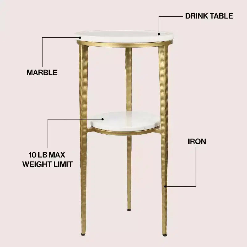 JONATHAN Y Seraphina 24.75 Mesa auxiliar decorativa y mesa de bebidas industrial de 2 niveles con estructura metálica y superficie redonda de mármol blanco