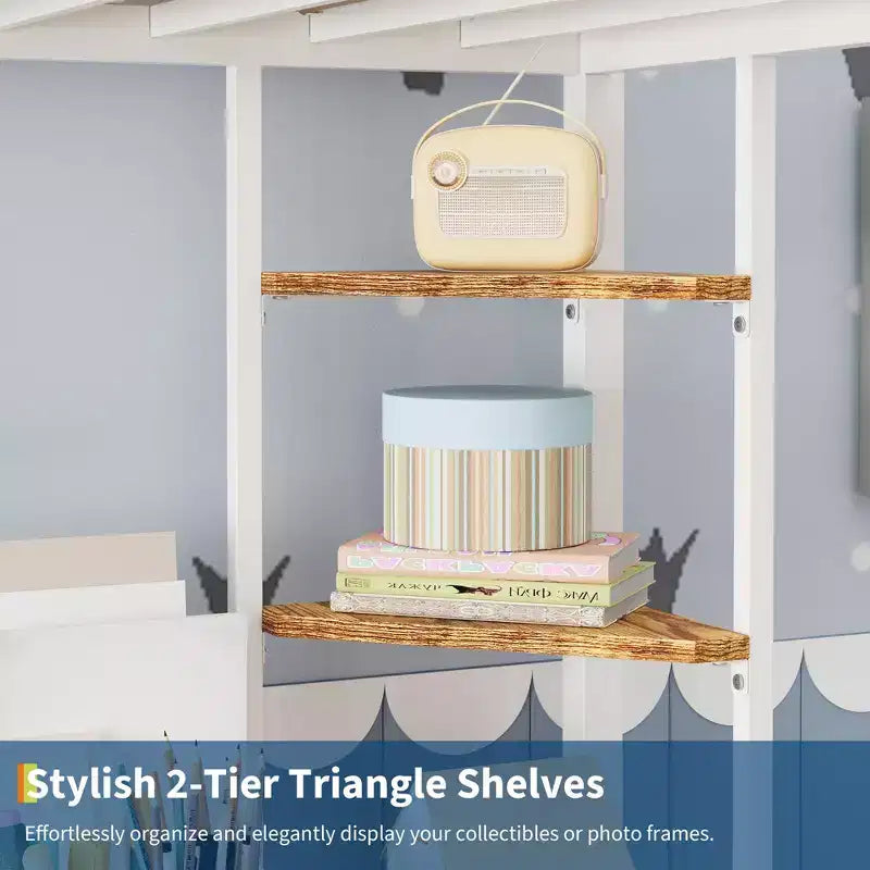 Cama alta individual con escritorio grande y estanterías de almacenamiento de 2 niveles, cama alta de metal resistente con escalera y barandilla para niños y adultos