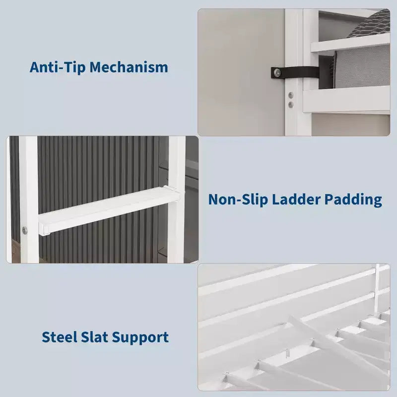 Cama alta individual con escritorio grande y estanterías de almacenamiento de 2 niveles, cama alta de metal resistente con escalera y barandilla para niños y adultos