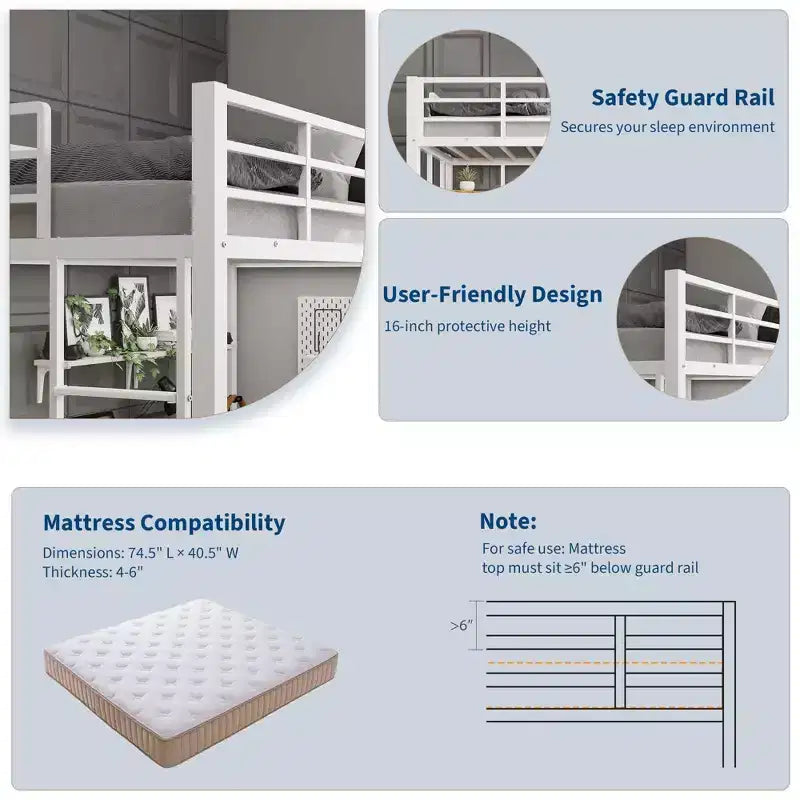 Cama alta individual con escritorio grande y estanterías de almacenamiento de 2 niveles, cama alta de metal resistente con escalera y barandilla para niños y adultos