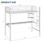 Cama alta individual con escritorio grande y estanterías de almacenamiento de 2 niveles, cama alta de metal resistente con escalera y barandilla para niños y adultos