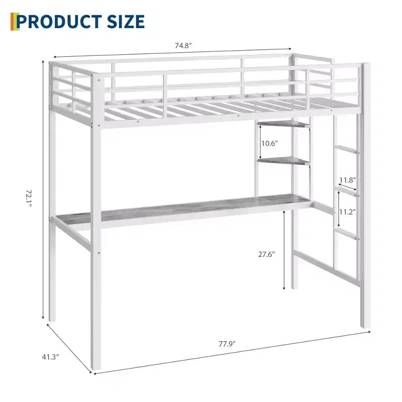 Cama alta individual con escritorio grande y estanterías de almacenamiento de 2 niveles, cama alta de metal resistente con escalera y barandilla para niños y adultos