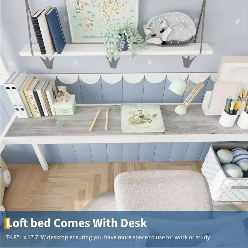 Cama alta individual con escritorio grande y estanterías de almacenamiento de 2 niveles, cama alta de metal resistente con escalera y barandilla para niños y adultos