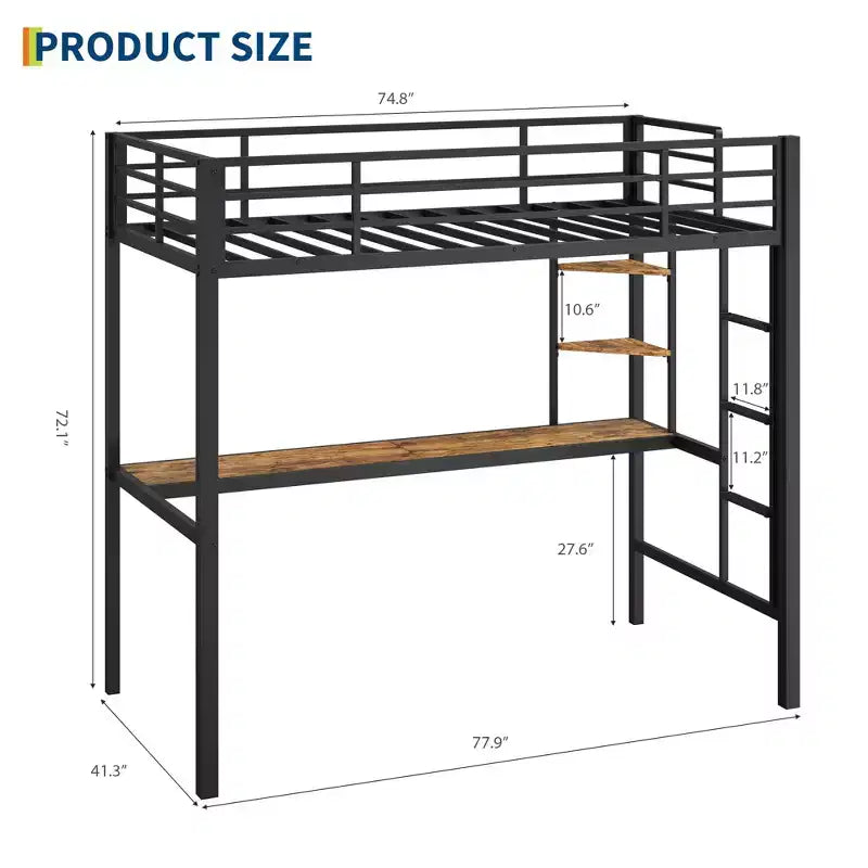 Cama alta individual con escritorio grande y estanterías de almacenamiento de 2 niveles, cama alta de metal resistente con escalera y barandilla para niños y adultos