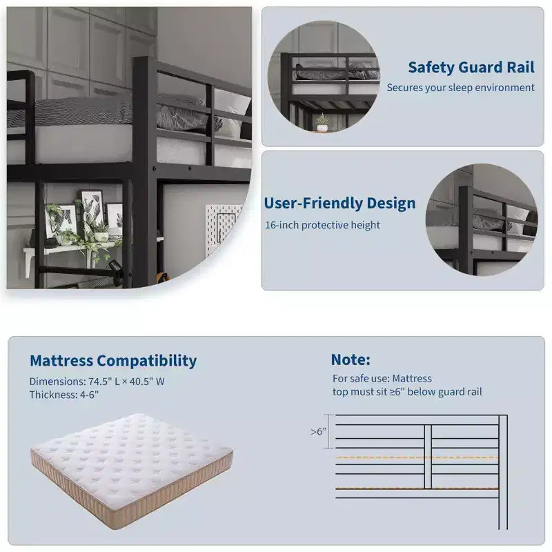 Cama alta individual con escritorio grande y estanterías de almacenamiento de 2 niveles, cama alta de metal resistente con escalera y barandilla para niños y adultos