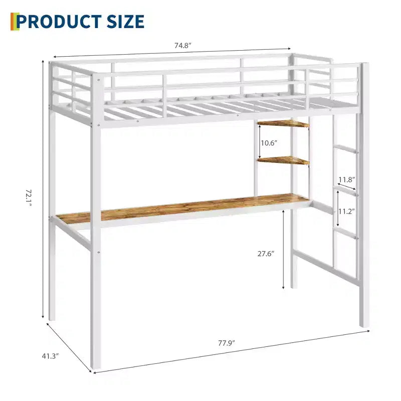 Cama alta individual con escritorio grande y estanterías de almacenamiento de 2 niveles, cama alta de metal resistente con escalera y barandilla para niños y adultos