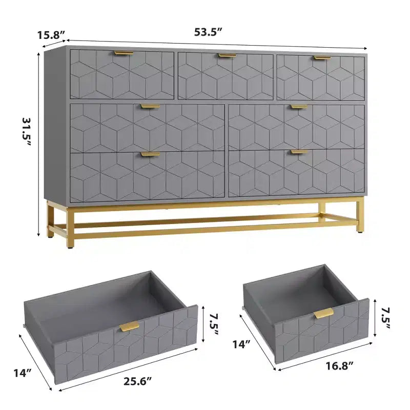 Cómoda para dormitorio, 7 cajones con tiradores y patas de metal dorado, cómoda moderna para armario