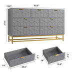 Cómoda para dormitorio, 7 cajones con tiradores y patas de metal dorado, cómoda moderna para armario