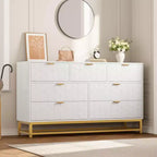 Cómoda para dormitorio, 7 cajones con tiradores y patas de metal dorado, cómoda moderna para armario
