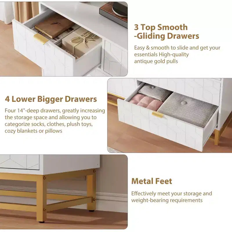 Cómoda para dormitorio, 7 cajones con tiradores y patas de metal dorado, cómoda moderna para armario