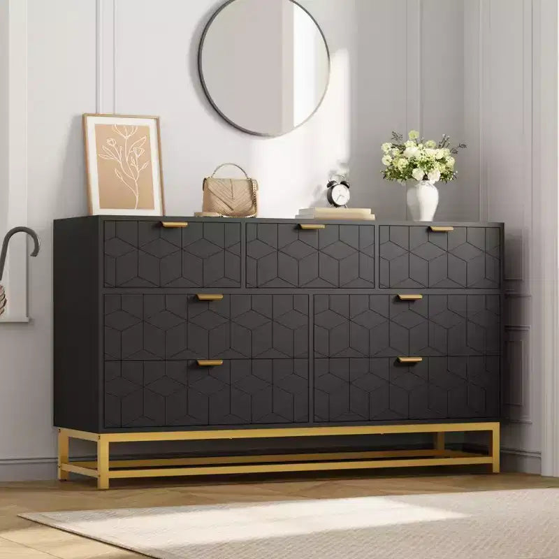 Cómoda para dormitorio, 7 cajones con tiradores y patas de metal dorado, cómoda moderna para armario