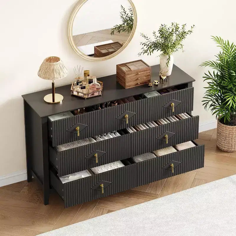 Cómoda para dormitorio con 7 cajones, cómoda moderna de 137 cm de ancho con tirador metálico, cómoda para TV, organizador de cajones de madera para dormitorio