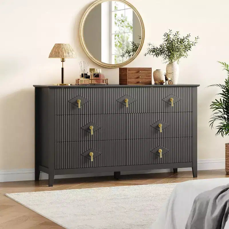 Cómoda para dormitorio con 7 cajones, cómoda moderna de 137 cm de ancho con tirador metálico, cómoda para TV, organizador de cajones de madera para dormitorio