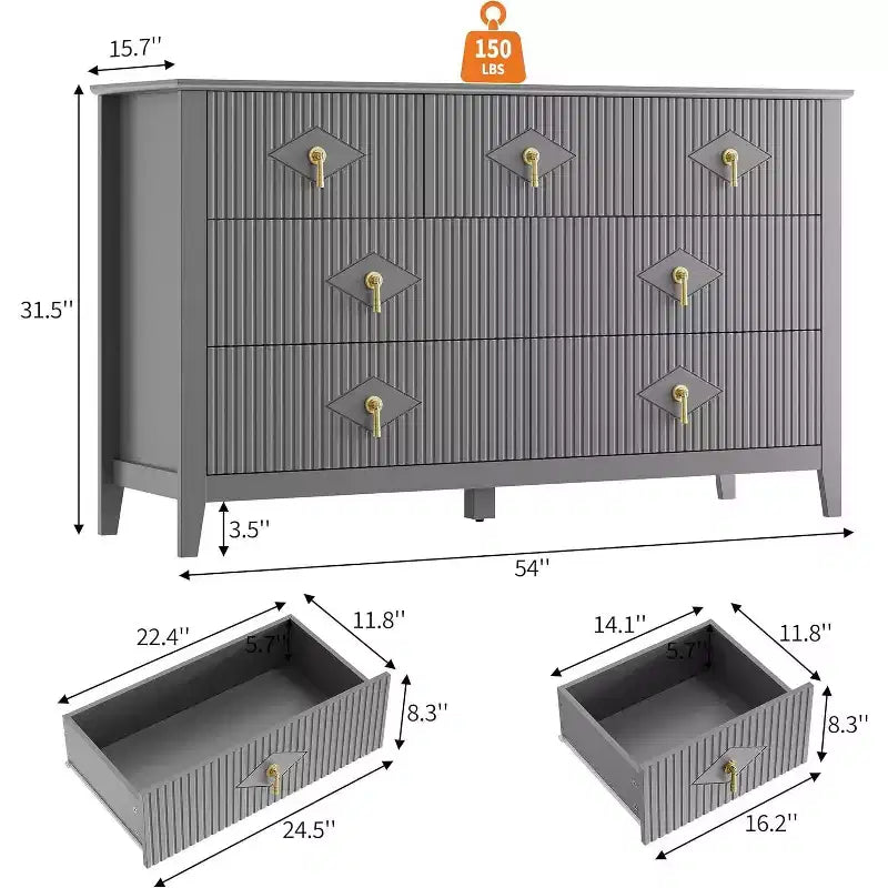 Cómoda para dormitorio con 7 cajones, cómoda moderna de 137 cm de ancho con tirador metálico, cómoda para TV, organizador de cajones de madera para dormitorio