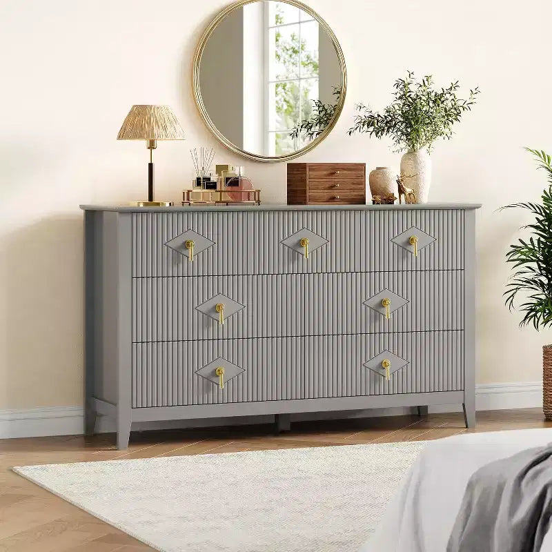 Cómoda para dormitorio con 7 cajones, cómoda moderna de 137 cm de ancho con tirador metálico, cómoda para TV, organizador de cajones de madera para dormitorio
