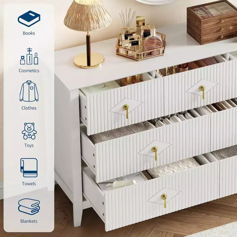 Cómoda para dormitorio con 7 cajones, cómoda moderna de 137 cm de ancho con tirador metálico, cómoda para TV, organizador de cajones de madera para dormitorio