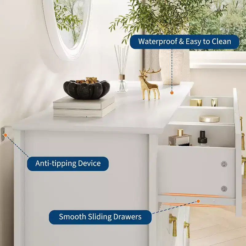 Cómoda para dormitorio con 7 cajones, cómoda moderna de 137 cm de ancho con tirador metálico, cómoda para TV, organizador de cajones de madera para dormitorio