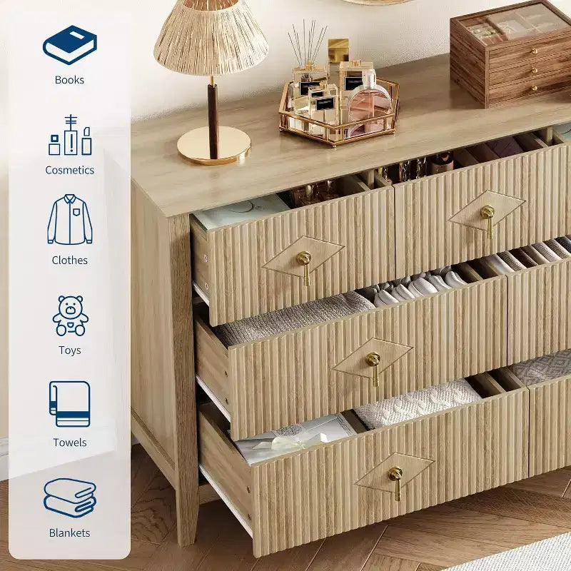Cómoda para dormitorio con 7 cajones, cómoda moderna de 137 cm de ancho con tirador metálico, cómoda para TV, organizador de cajones de madera para dormitorio