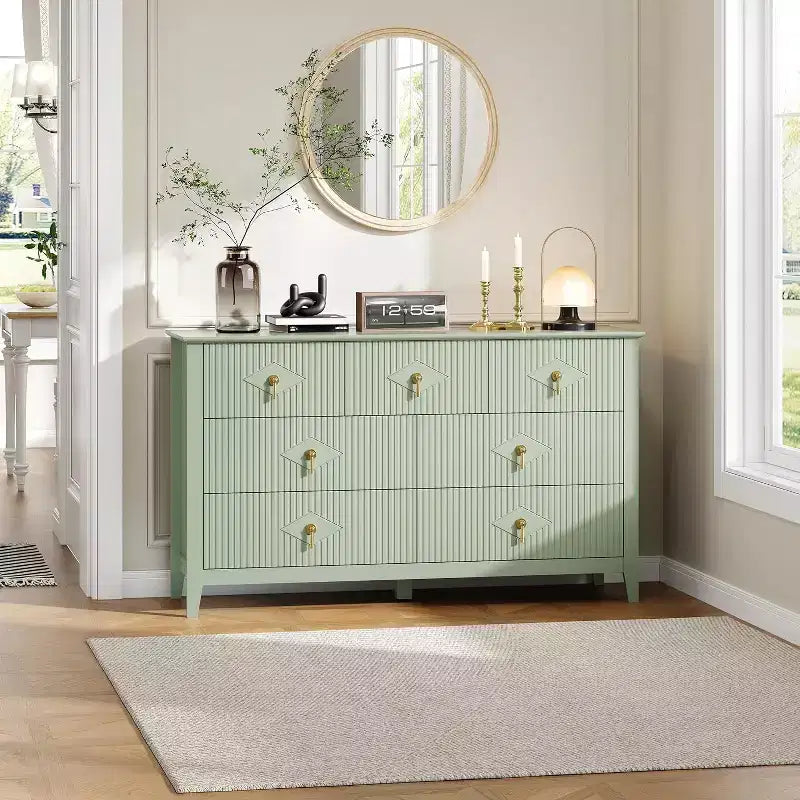 Cómoda para dormitorio con 7 cajones, cómoda moderna de 137 cm de ancho con tirador metálico, cómoda para TV, organizador de cajones de madera para dormitorio