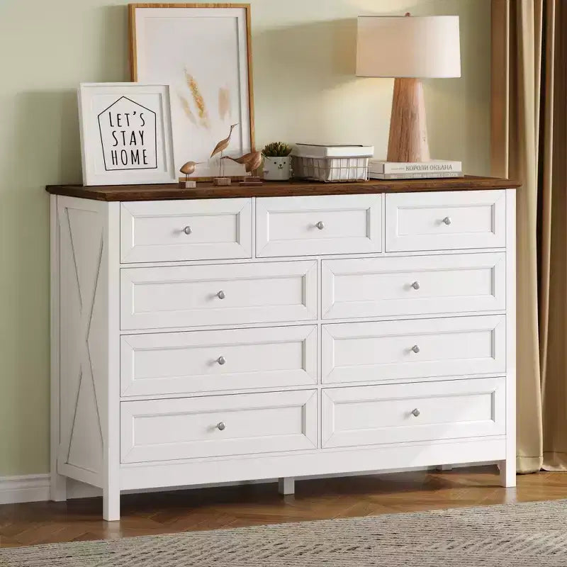 Cómoda rústica moderna Okak de 9 cajones con tiradores plateados, cómoda de madera minimalista, cómoda para dormitorio, recibidor