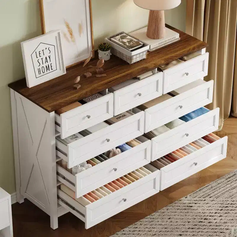 Cómoda rústica moderna Okak de 9 cajones con tiradores plateados, cómoda de madera minimalista, cómoda para dormitorio, recibidor
