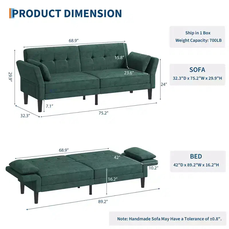 Sofá Cama Futón 89, Sofá Cama Convertible con Respaldo y Reposabrazos Ajustables, Sofá Cama Moderno para Sala de Estar, Dormitorio, Apartamentos