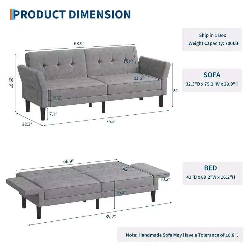 Sofá Cama Futón 89, Sofá Cama Convertible con Respaldo y Reposabrazos Ajustables, Sofá Cama Moderno para Sala de Estar, Dormitorio, Apartamentos