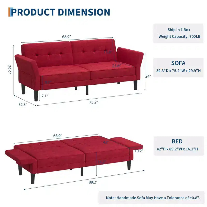 Sofá Cama Futón 89, Sofá Cama Convertible con Respaldo y Reposabrazos Ajustables, Sofá Cama Moderno para Sala de Estar, Dormitorio, Apartamentos
