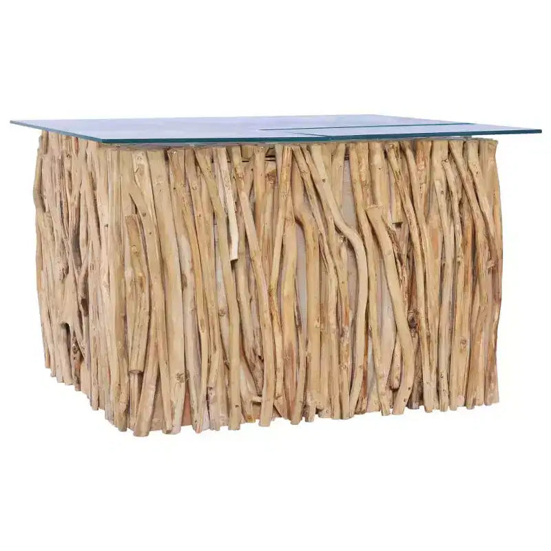 vidaXL Mesa de Centro Cuadrada de Madera Maciza de Teca Hecha a Mano con Tapa de Cristal, 66x66x40 cm Marrón