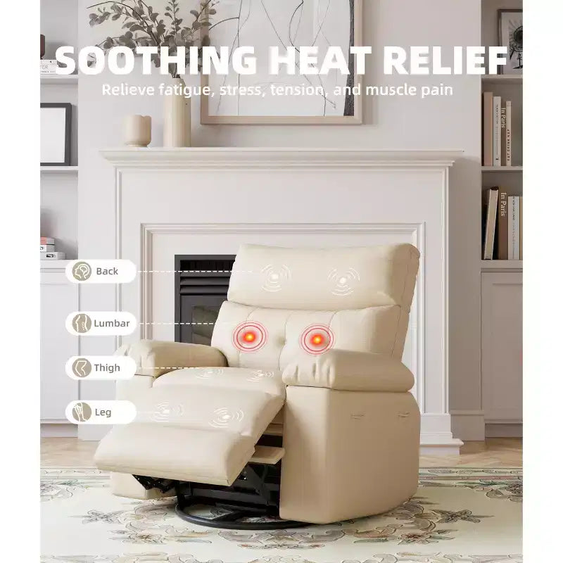 27 Sillón reclinable grande, mecedora giratoria 360 con calor y masaje (para sala de estar/dormitorio/cuarto de bebé)