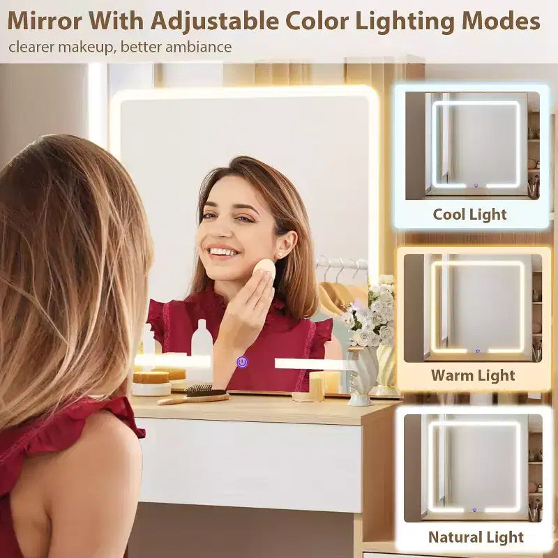 Tocador de Maquillaje con Espejo Deslizante, Tocador con Luces Ajustables de 3 Colores, Taburete, 4 Cajones Compactos, Enchufe, Negro