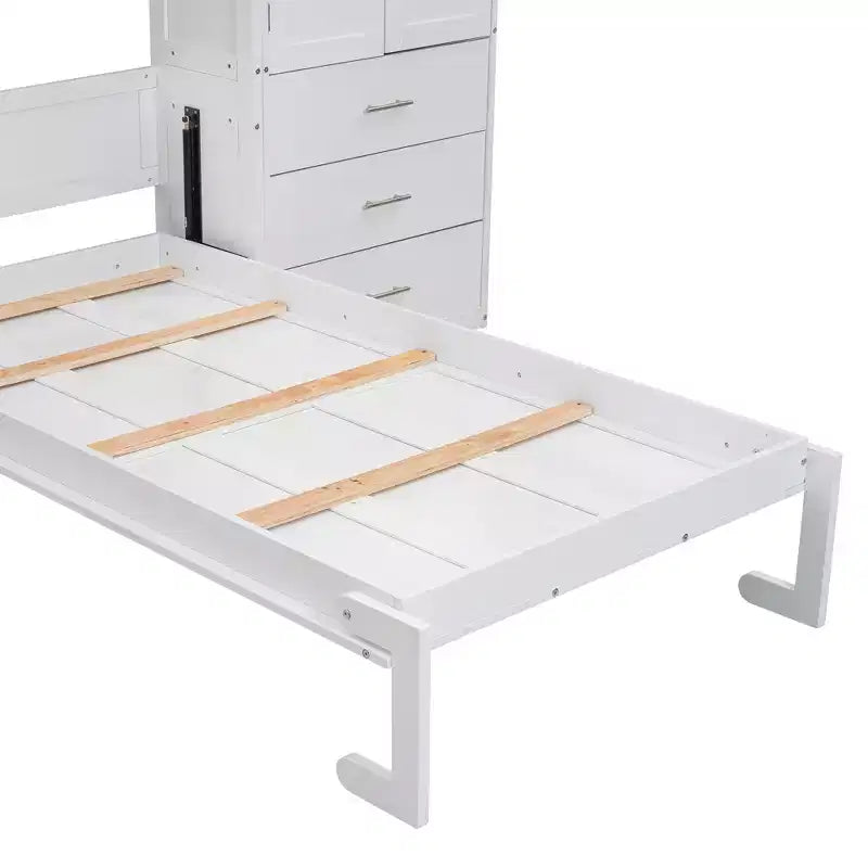 Mueble de cama Murphy con casilleros y armarios de almacenamiento con estantes, arcón de cama de plataforma oculta plegable de madera, blanco