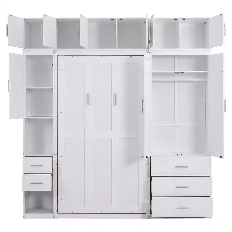 Mueble de cama Murphy con casilleros y armarios de almacenamiento con estantes, arcón de cama de plataforma oculta plegable de madera, blanco