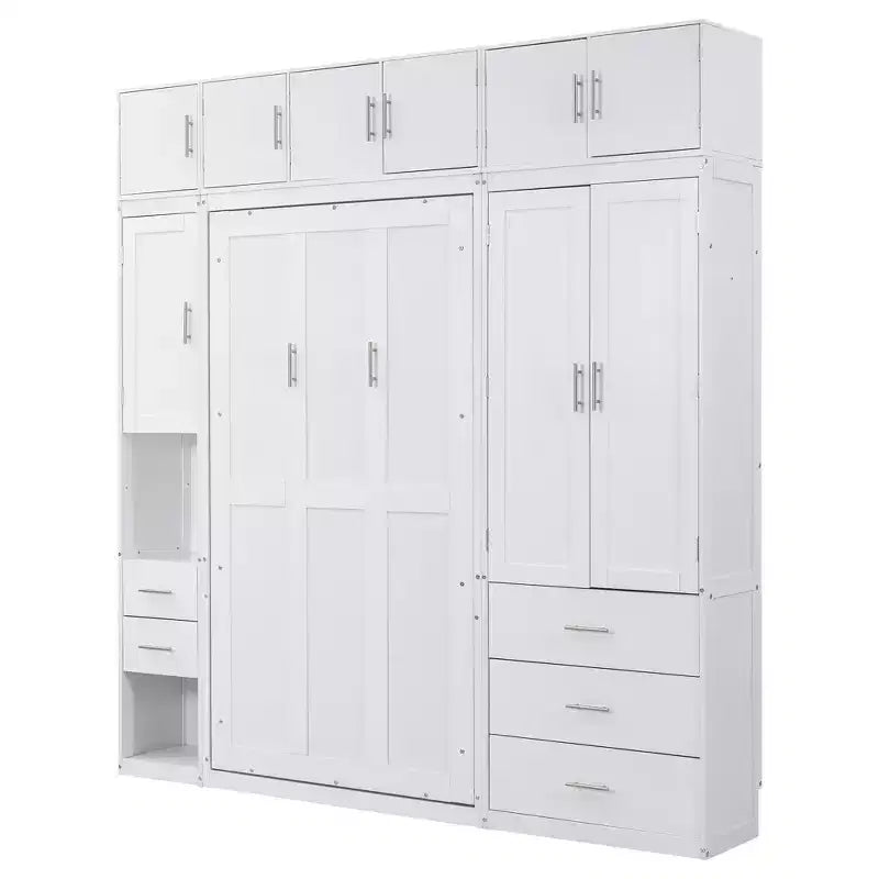 Mueble de cama Murphy con casilleros y armarios de almacenamiento con estantes, arcón de cama de plataforma oculta plegable de madera, blanco