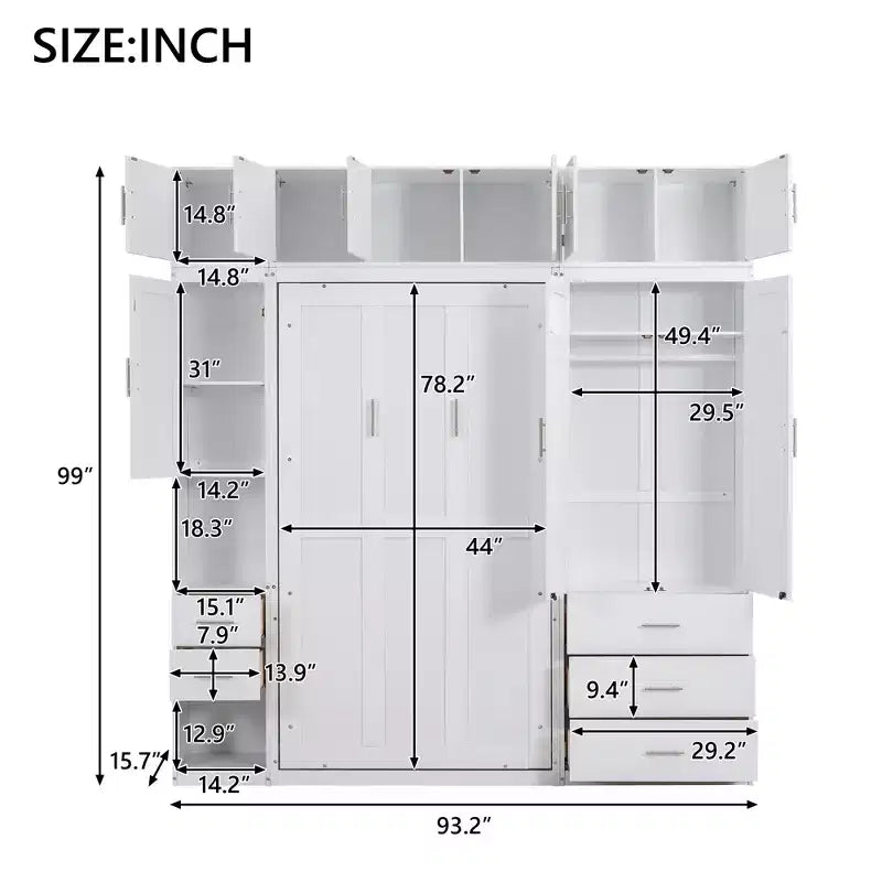 Mueble de cama Murphy con casilleros y armarios de almacenamiento con estantes, arcón de cama de plataforma oculta plegable de madera, blanco
