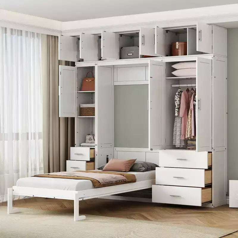 Mueble de cama Murphy con casilleros y armarios de almacenamiento con estantes, arcón de cama de plataforma oculta plegable de madera, blanco