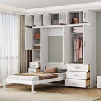Mueble de cama Murphy con casilleros y armarios de almacenamiento con estantes, arcón de cama de plataforma oculta plegable de madera, blanco