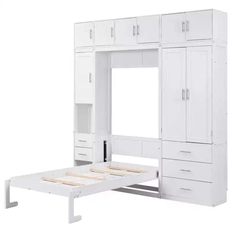 Mueble de cama Murphy con casilleros y armarios de almacenamiento con estantes, arcón de cama de plataforma oculta plegable de madera, blanco