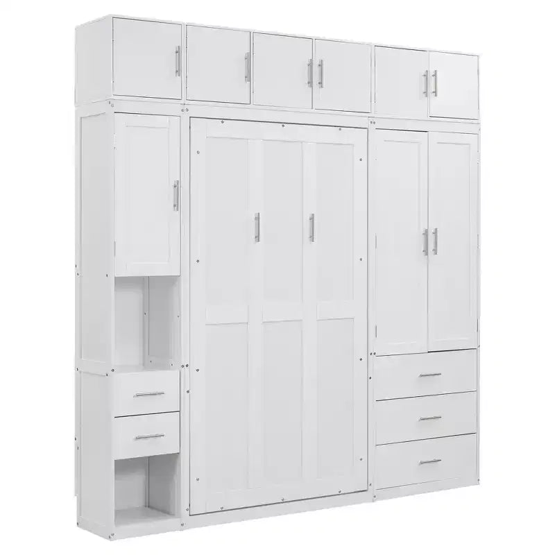 Mueble de cama Murphy con casilleros y armarios de almacenamiento con estantes, arcón de cama de plataforma oculta plegable de madera, blanco