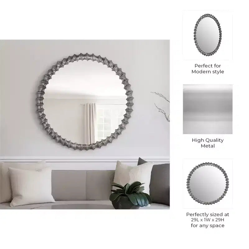 Espejo de pared redondo moderno con marco de metal decorativo - Espejo decorativo de vidrio para el hogar, la oficina, el dormitorio, la sala de estar - Acabado metálico - 29 Plata