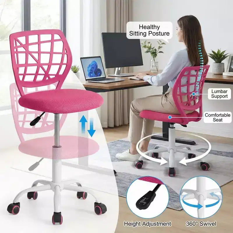 Silla de escritorio FurnitureR, silla de oficina ajustable para computadora con respaldo de plástico y asiento acolchado, silla giratoria con ruedas, rosa