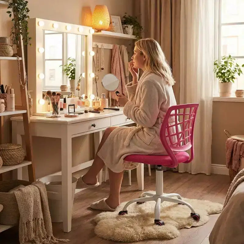 Silla de escritorio FurnitureR, silla de oficina ajustable para computadora con respaldo de plástico y asiento acolchado, silla giratoria con ruedas, rosa